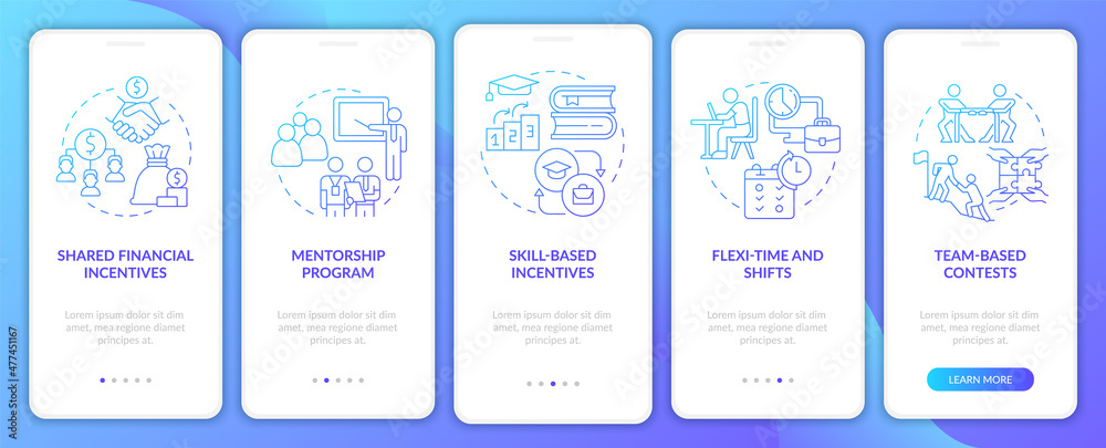 Incentivising teamwork blue gradient onboarding mobile app screen. Growth walkthrough 5 steps graphic instructions pages with linear concepts. UI, UX, GUI template. Myriad Pro-Bold, Regular fonts used