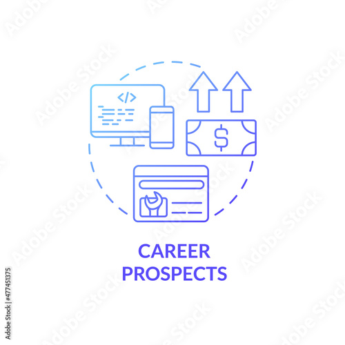 Career prospects blue gradient concept icon. Development job benefits. Coding abstract idea thin line illustration. Isolated outline drawing. Roboto-Medium, Myriad Pro-Bold fonts used