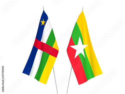 National fabric flags of Myanmar and Central African Republic isolated on white background. 3d rendering illustration.