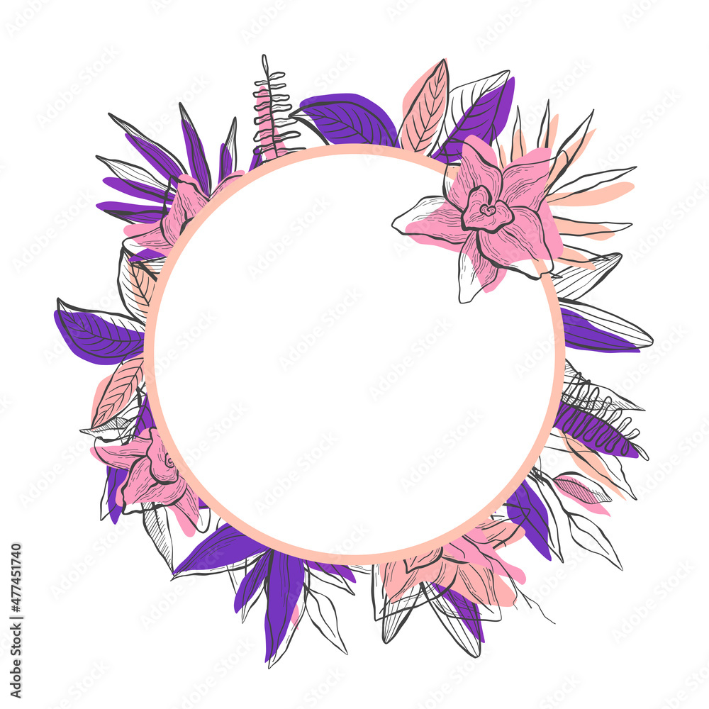 Cute vector frame of tropical flowers and leaves along the edge of a circle in trendy purple, pink and beige colors in a graphic style, for lettering, postcard, banner Cute vector frame of tropical flowers and leaves along the edge of a circle in trendy purple, pink and beige colors in a graphic style, for lettering, postcard, banner