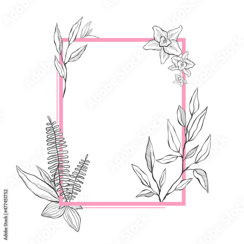 Delicate vector flowers in a retro style of gray color around a pink rectangular frame, perfect for a wedding invitation, Valentine's Day cards, banner for a declaration of love