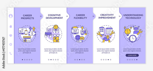 Why to learn to code purple and white onboarding template. Professional coder. Responsive mobile website with linear concept icons. Web page walkthrough 5 step screens. Lato-Bold, Regular fonts used