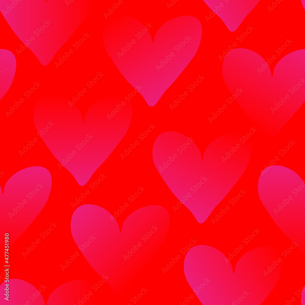 Seamless pattern, pink gradient hearts on red. Beautiful romantic design for decoration
