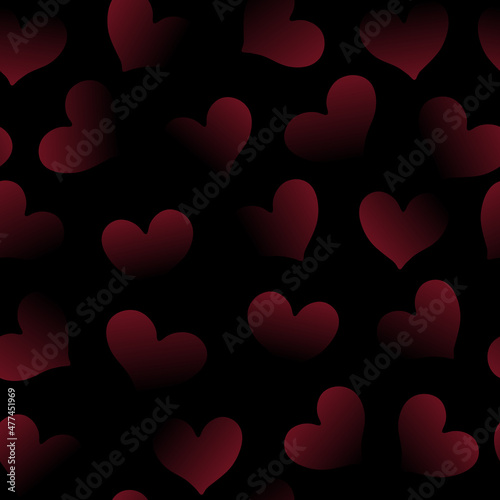 Seamless pattern, red hearts on a black background. The illusion of disappearing hearts in the dark