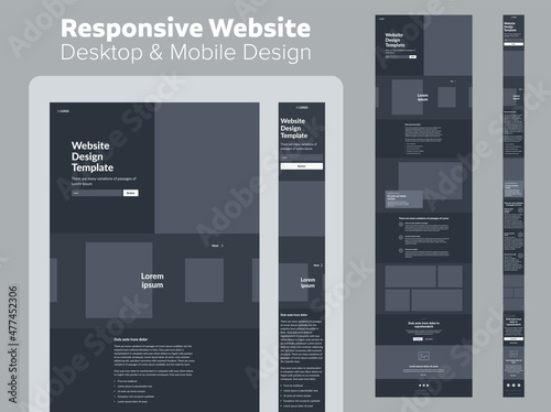 Website design dark mode. Responsive desktop and mobile wireframe. Landing page template.