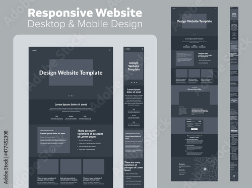 Website design dark mode. Responsive desktop and mobile wireframe. Landing page template.