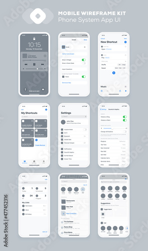 Mobile app design. UI UX wireframe kit for smartphone. New OS screens.