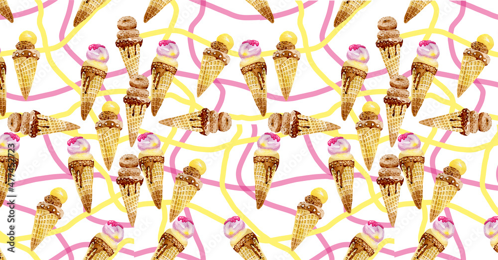 Fototapeta premium Ice cream background horizontal banner for social networks watercolor gentle illustration