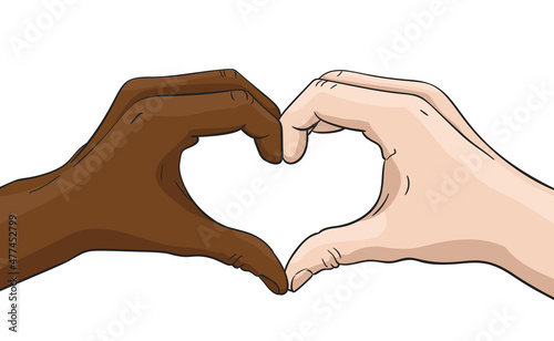 two multiracial hand love heart shape fingers vector illustration