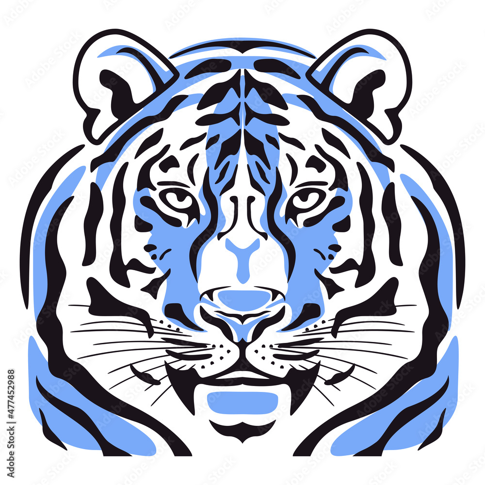 Blue tiger symbol. Icon, logo or tattoo. Vector illustration.