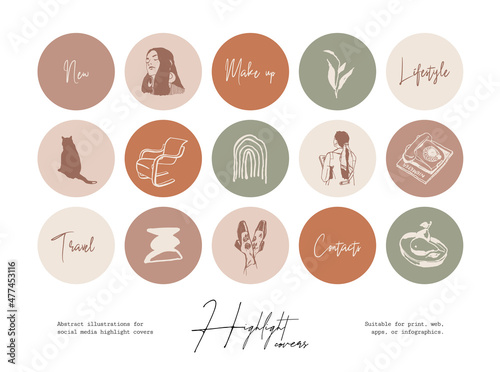 Set of hand drawn line art cosmetics and beauty illustrations for social media highlight covers