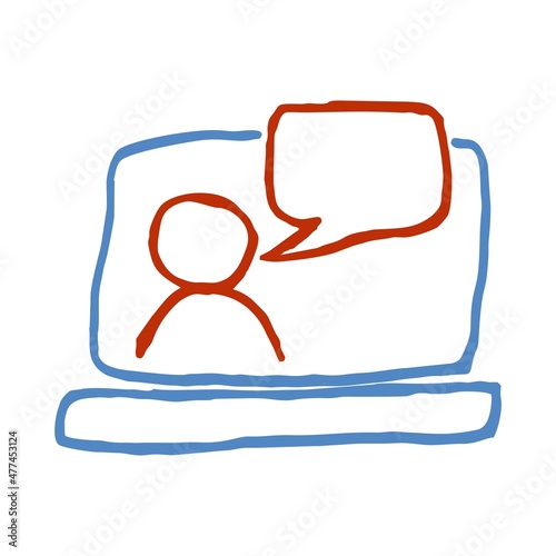 Red and blue doodle of a talking man on a laptop screen. Hand-drawn color line vector icon