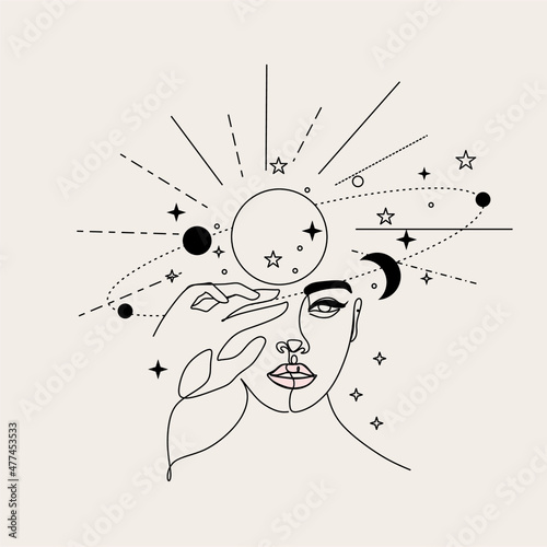 Beauty woman face with stars and cosmic universe. One-Line drawing art. Continuous line icon for spa salon or organic cosmetics logotype. Woman Face Line Vector 
