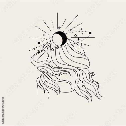 Beauty woman face with stars and cosmic universe. One-Line drawing art. Continuous line icon for spa salon or organic cosmetics logotype. Woman Face Line Vector 