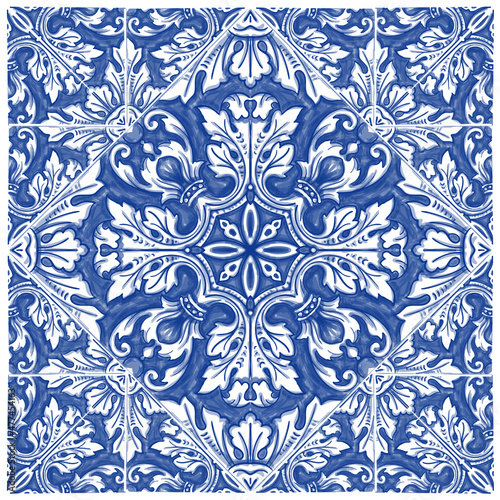 Azulejos - Portuguese tiles blue watercolor pattern. Traditional tribal ornament. Capri Maiolica. Delft Blue and White