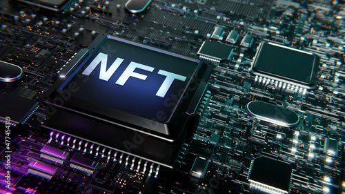 NFT Rendering  Non-Fungible-Token Hauptplatine mit Prozessor - Crypto 3D Grafik photo
