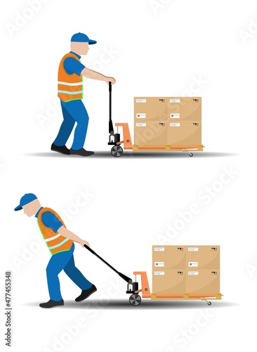 A set of vector images of moving manual hydraulic pallet truck, the worker moves the load. Storage equipment. Vector illustration.