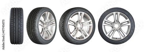 Different angles viewed of wheel on a white background. No logo visible, only tire labeling visible. photo