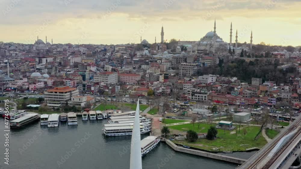 Aerial of train or metro bridge with the station Halic in the golden horn Aerial of train or metro bridge with the station Halic in the golden horn