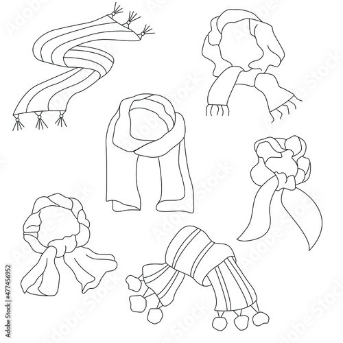 A set of different scarves. Vector outline illustration. Suitable for postcards, catalogs, pattern making. For posting on social networks.