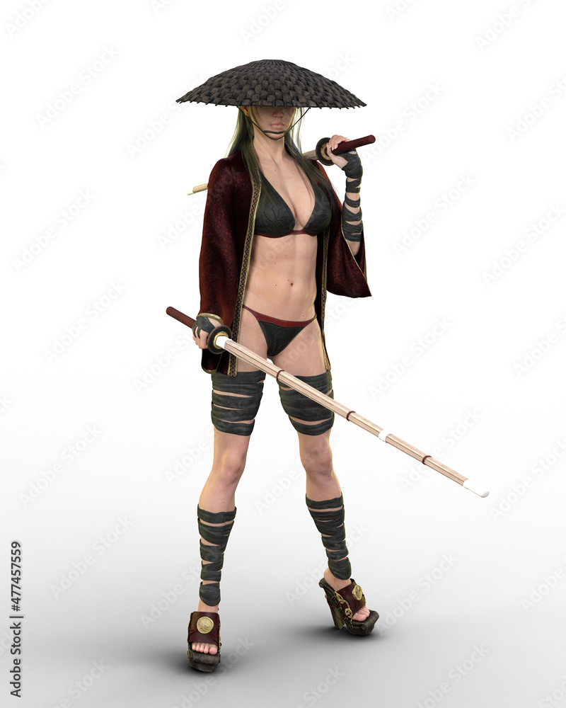 Young attractive martial arts warrior woman standing in black robe costume holding two wooden shinai practice swords. 3D illustration isolated on white. Young attractive martial arts warrior woman standing in black robe costume holding two wooden shinai practice swords. 3D illustration isolated on white.