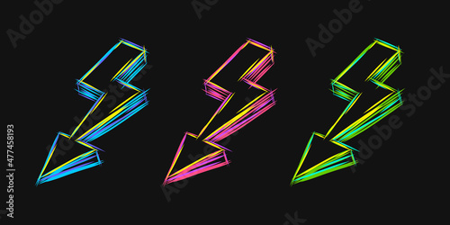Lightning bolt neon line sketck illustration set in different colors photo