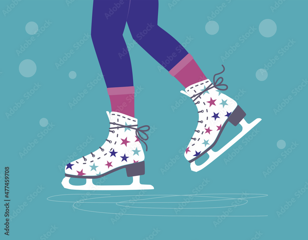Ice skates. Slides. Women's ice skating on rink. Figure skating. Legs in  red tights and green knitted leg warmers.Winter sport active female  leisure. Outdoor activity.Isolated flat vector illustration Stock Vector