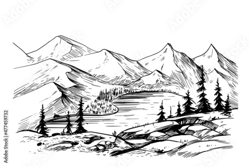 Vector landscape with mountains, lake, trees. Hand drawn sketch illustration