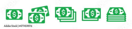 Dollar bills stack icon set. Dollar money icon. Green currency banknote symbol