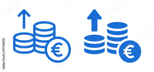 Euro currency raising price icon vector illustration. Euro coin stack with arrow up icon.