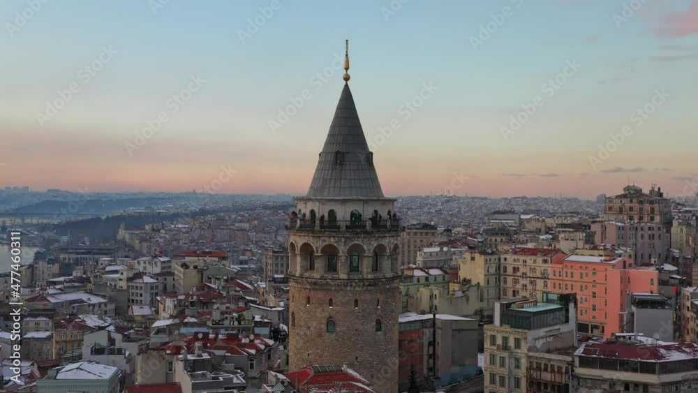 Aerial view of Taksim area with Galata Tower in the European Istanbul near the golden horn by sunset Aerial view of Taksim area with Galata Tower in the European Istanbul near the golden horn by sunset