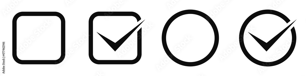 Blank and marked with a check mark. Check mark, check box icons. Vector illustration. Blank and marked with a check mark. Check mark, check box icons. Vector illustration.