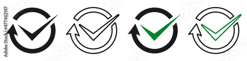 Set of continuous convenience icons. Easy effectiveness symbol. Tick mark inside arrow. ?ircular arrow sign with checkmark, check or testing. Vector illustration.