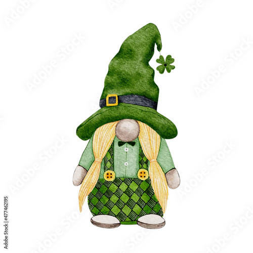 St Patrick day leprechaun with four leaves clovers, Greeting card a gnomes with shamrock a luck symbols.Vector Watercolour green Scandinavian Dwarfs collection in Celtic, Irish style