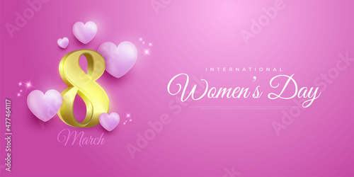 Realistic international women's day of 8 march symbol with flying hearts balloons