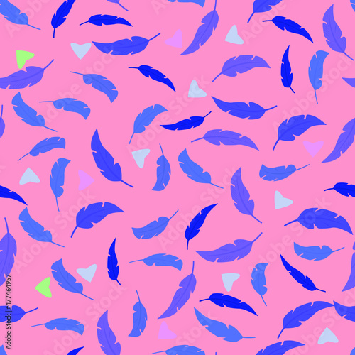 Blue feathers of different shades and small hearts on a pink background  vector pattern for paper  textile  fabric  decor