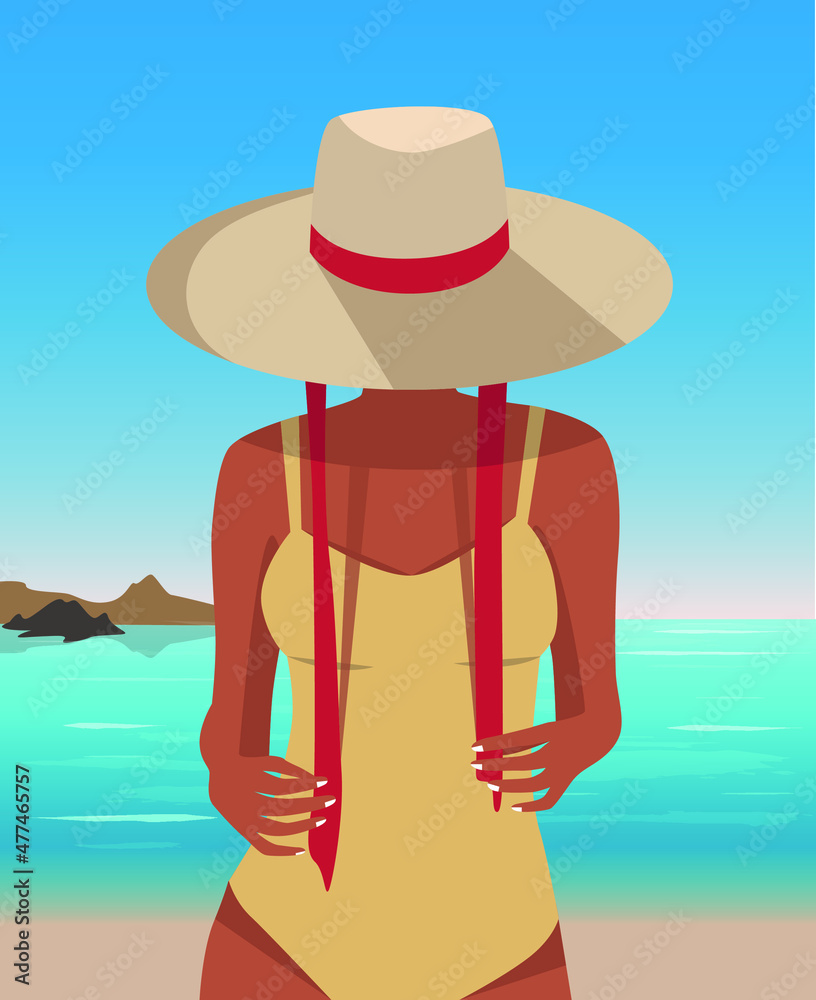 Digital illustration girl resting on vacation in a hat on the beach
