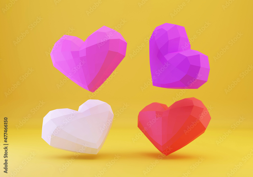 3d low poly hearts on yellow backgtound, paper love, papercrafts, 3d rendering