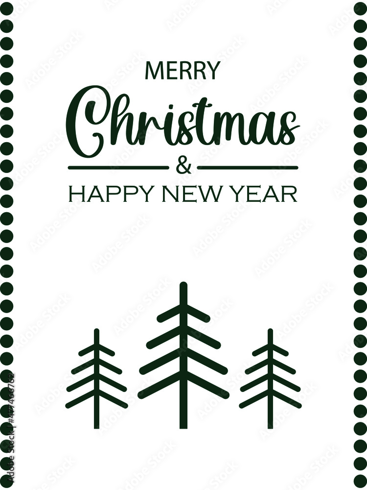 Cute winter illustrations with green Christmas trees isolated on white background. Festive greeting card Happy New Year and Merry Christmas. Vector.