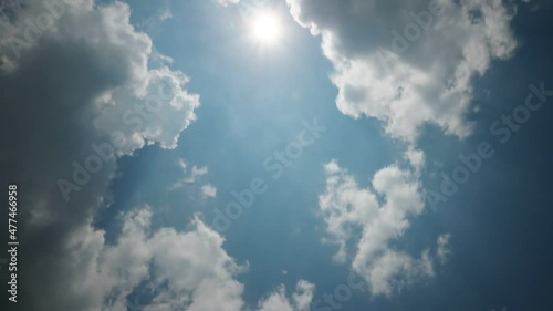 White light clouds quickly fly, cover bright sun in zenith sometimes, time lapse shot. Low angle camera look straight upwards to blue sky and fast moving and curling clouds photo