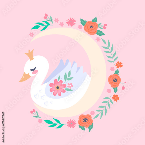 Illustration with a cute swan, moon and flowers. Vector graphics.