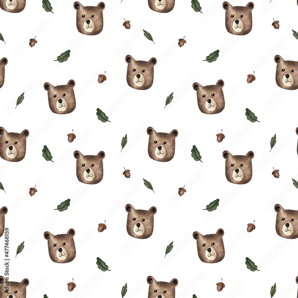 Cute bear. Watercolor background. Seamless pattern on a white background. Cute bear. Watercolor background. Seamless pattern on a white background.
