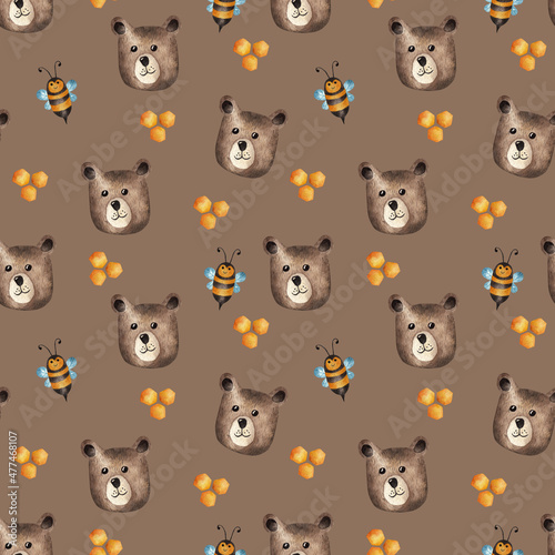 Fototapeta Naklejka Na Ścianę i Meble -  Cute bear with bees. Watercolor pattern. Cute textures for baby textiles, fabric design, wrapping, scrapbooking, wallpaper, etc.
