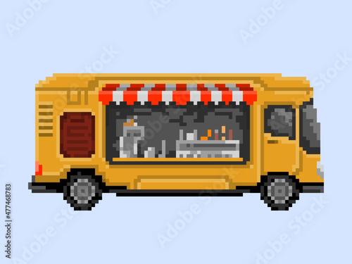 Illustration of yellow food truck in pixel art style