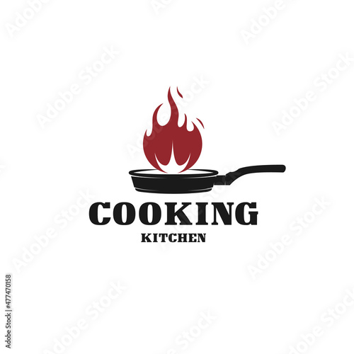 Vintage retro rustic old skillet cast iron with fire, classic restaurant kitchen logo