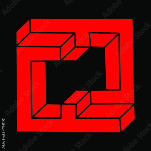 Impossible shapes. Optical illusion logo. Abstract eternal geometric objects. Impossible endless outline. Impossible geometry symbol on a black background. Optical art.