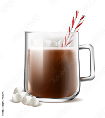 3d realistic vector icon. Glass cup of cacao with marshmallow and red and white straws. Isolated on white background.