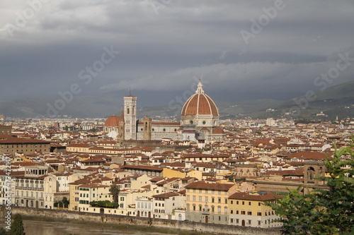 View of Florence, Ponte Vecchio, Palazzo Vecchio and Florence Duomo, architecture, landmark and Florence skyline view from Piazzale Michelangelo, Italy.