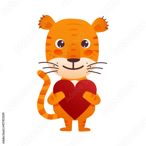 Cute cartoon tiger with a heart in his hands. Print for childrens t-shirts  greeting cards  posters. Design for Valentines Day
