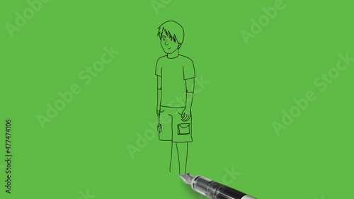 Draw standing young boy wearing red t-shirt, blue nicker and chapple hold on abstract green background
 photo